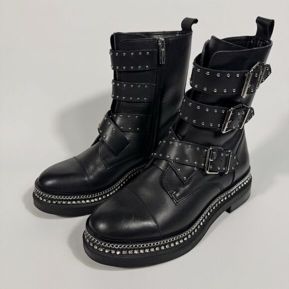 Vince Camuto Womens Black Eyelet Bling Maeva Block Heel Leather Bootie 8M Biker - Picture 1 of 13